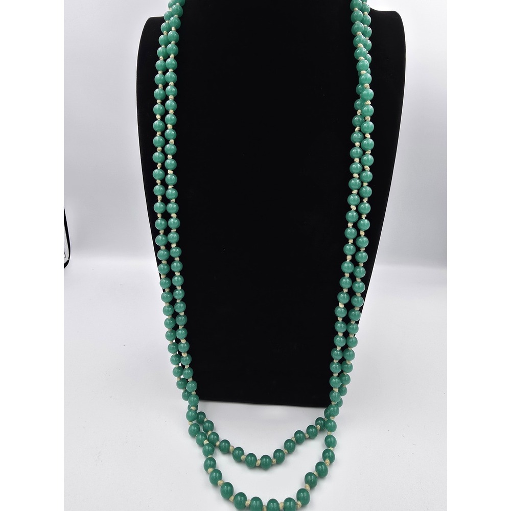 Vintage Uranium Green Glass Beaded Flapper Necklace Long opera 74 UV Glow - Picture 2 of 11